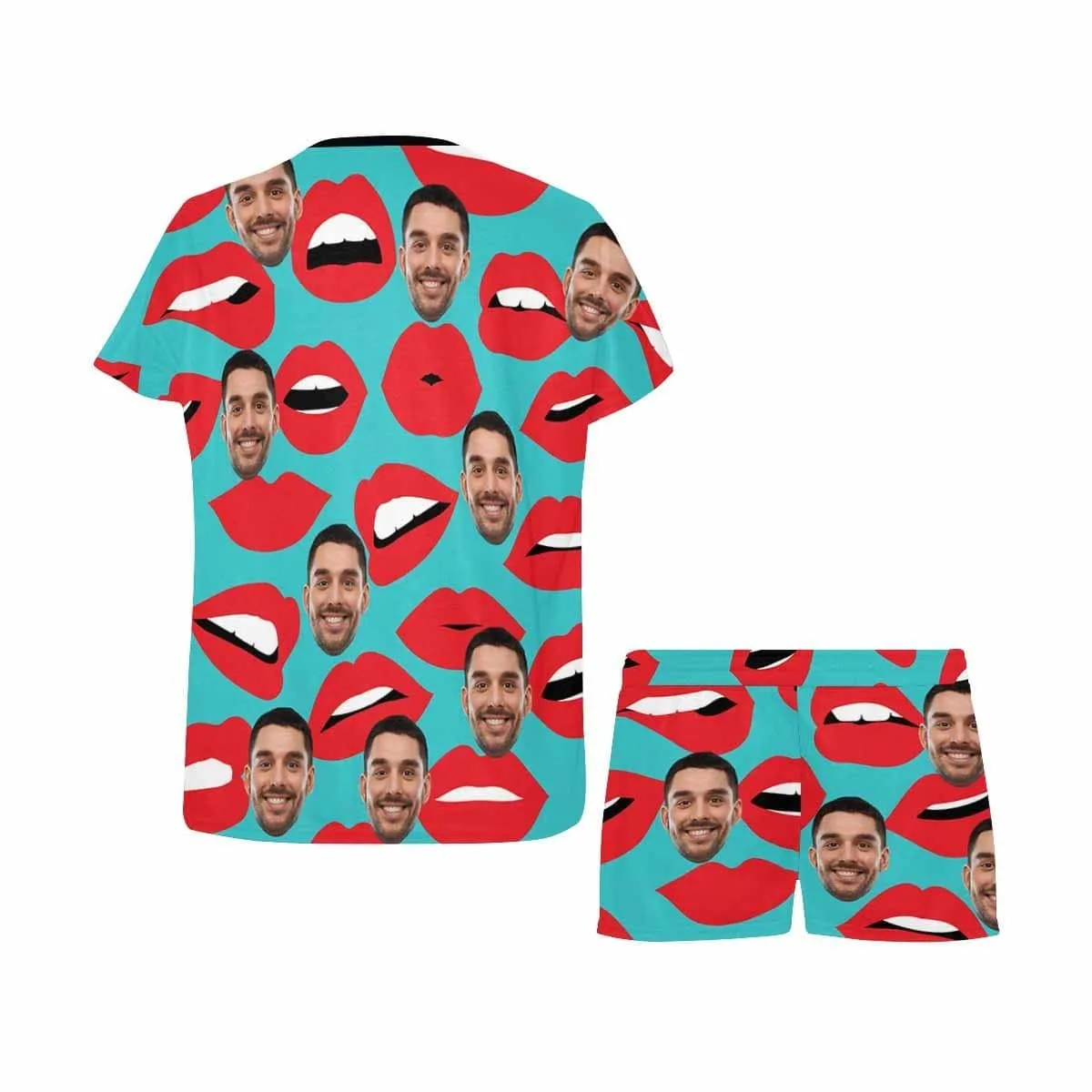 Custom Face Pajamas Green Background Sleepwear Personalized Lips Women's Short Pajama Set