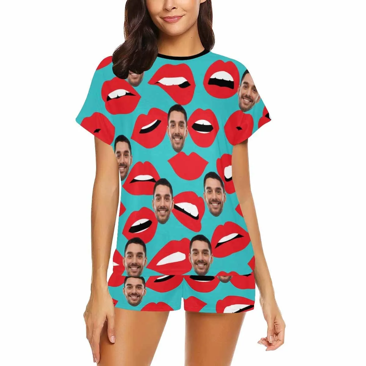 Custom Face Pajamas Green Background Sleepwear Personalized Lips Women's Short Pajama Set