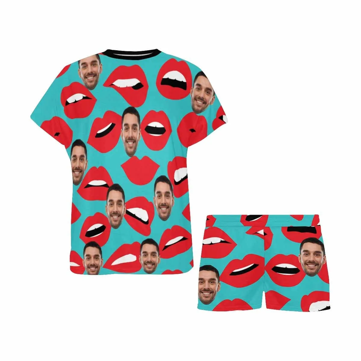 Custom Face Pajamas Green Background Sleepwear Personalized Lips Women's Short Pajama Set