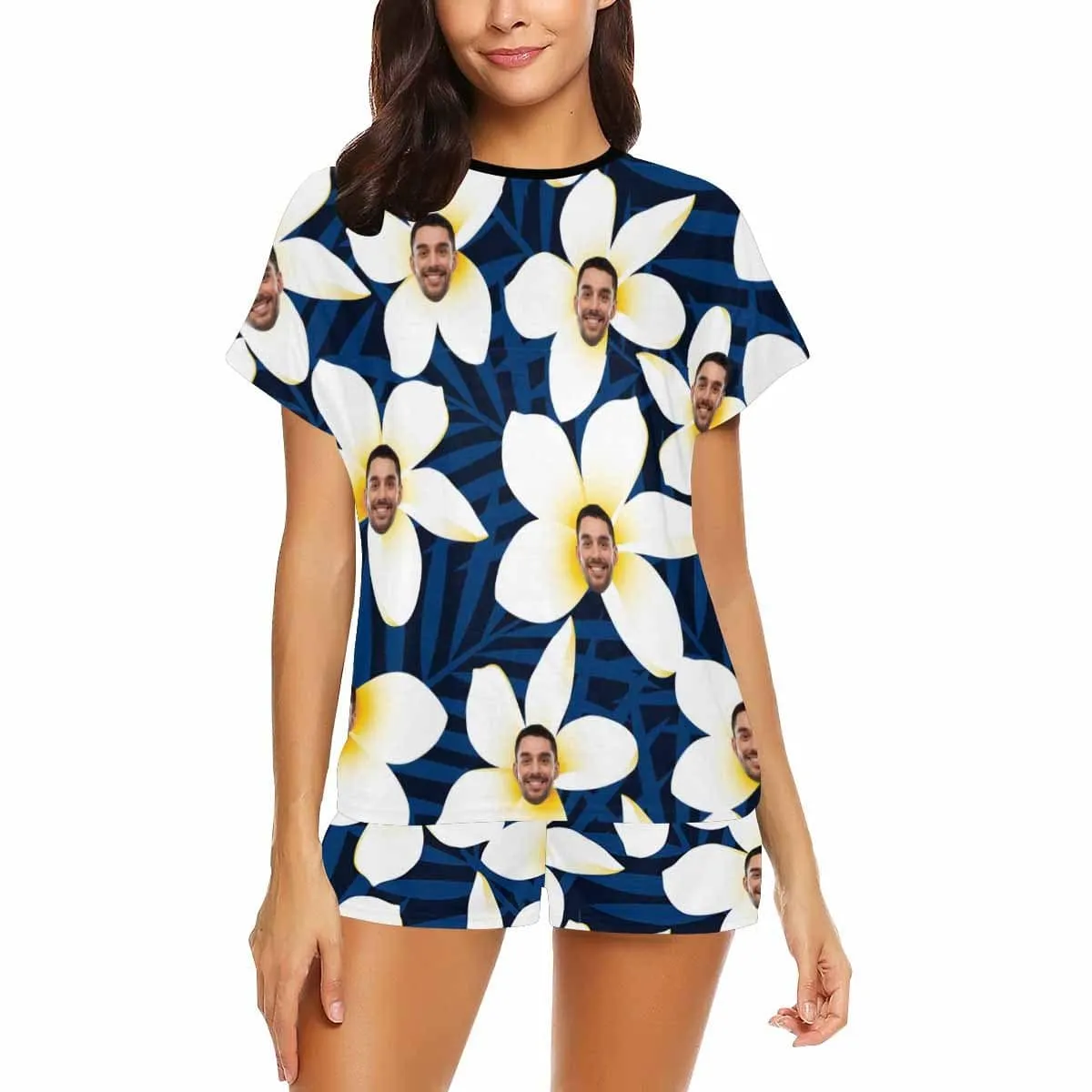 Custom Face Pajamas White Petals Loungewear Personalized Women's Short Pajama Set