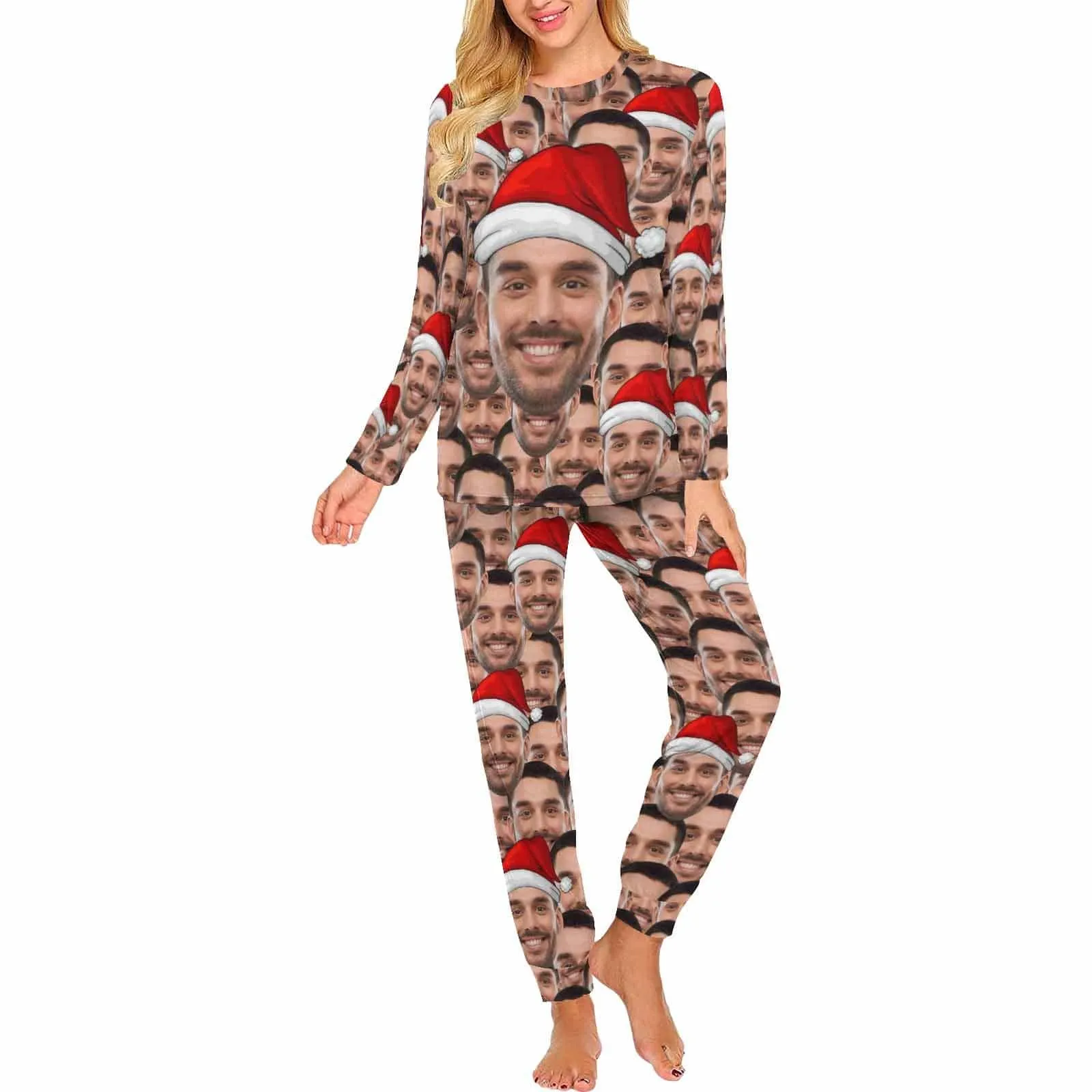 Custom Face Seamless Christmas Hat Sleepwear Personalized Family Slumber Party Matching Long Sleeve Pajamas Set