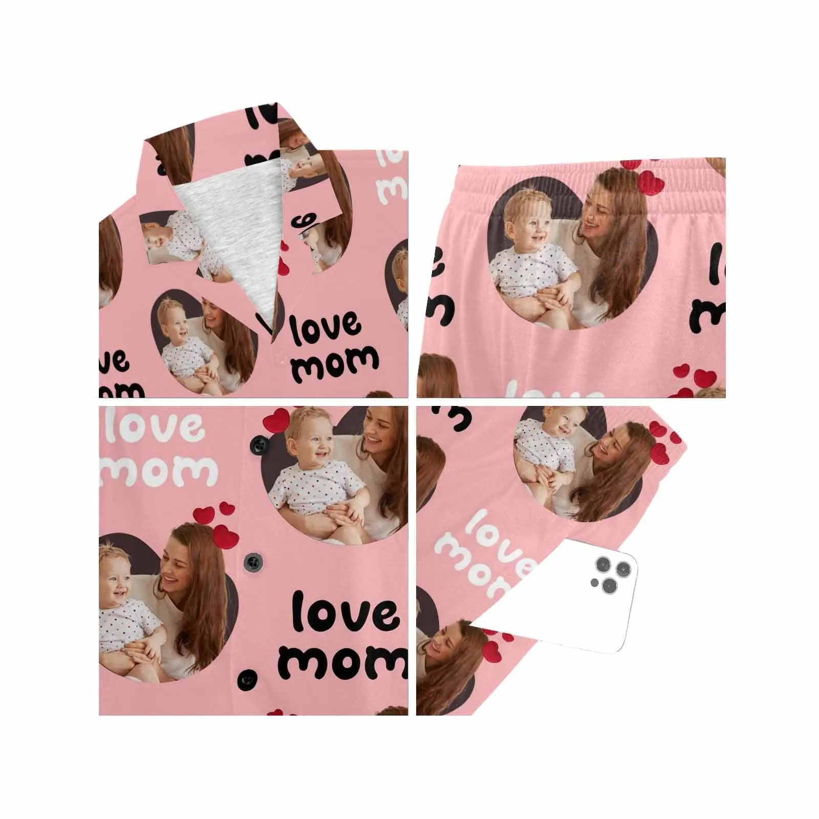 Custom Photo Love MOM Women's V-Neck Short Pajama Set Mother's Day & Birthday Gift