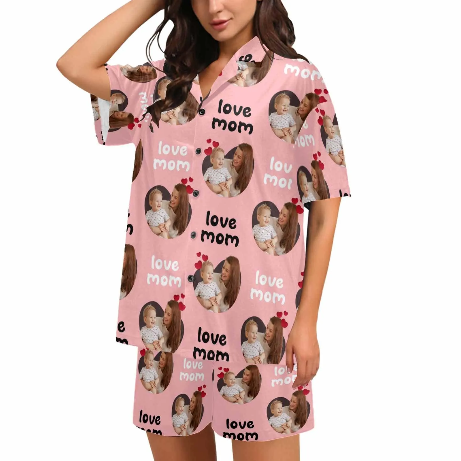 Custom Photo Love MOM Women's V-Neck Short Pajama Set Mother's Day & Birthday Gift