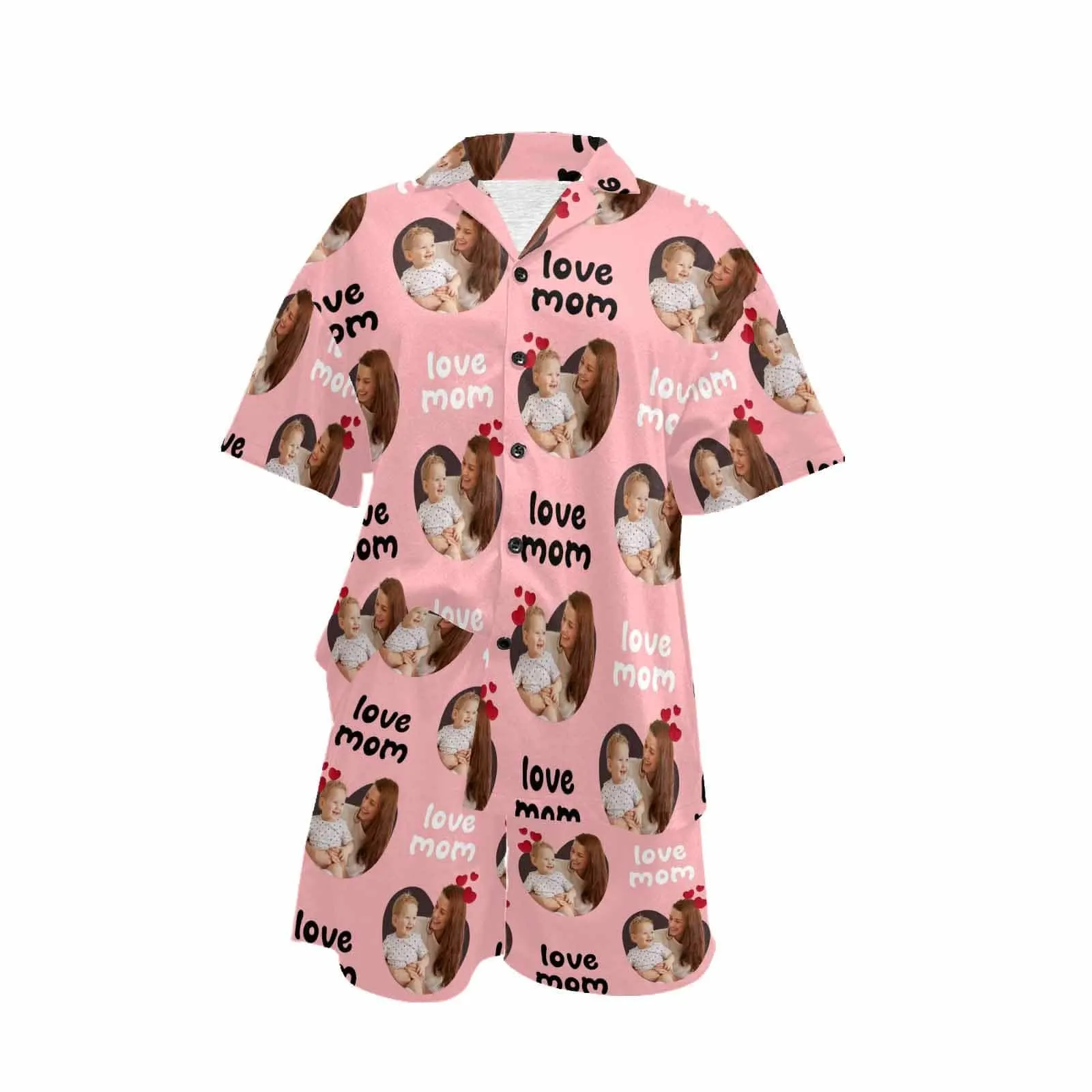 Custom Photo Love MOM Women's V-Neck Short Pajama Set Mother's Day & Birthday Gift
