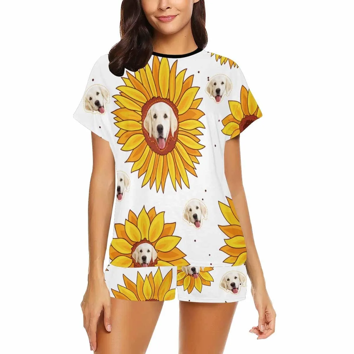 Custom Womens Short Pajamas Yellow Sunflower Loungewear Face Personalized Women's Short Pajama Set