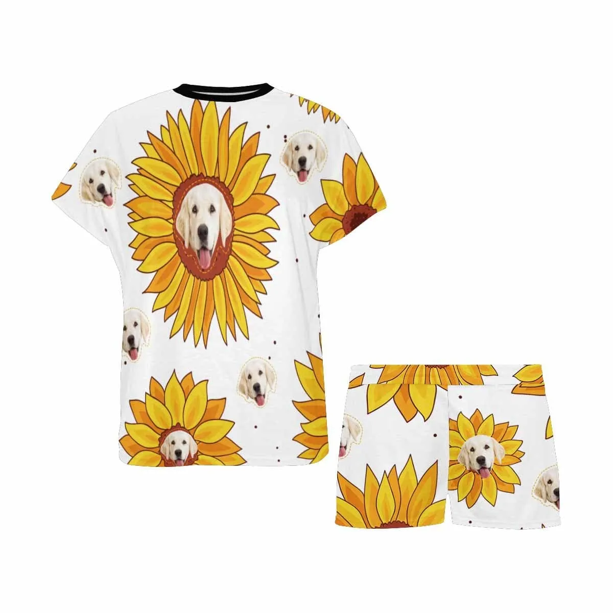 Custom Womens Short Pajamas Yellow Sunflower Loungewear Face Personalized Women's Short Pajama Set