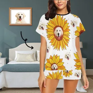 Custom Womens Short Pajamas Yellow Sunflower Loungewear Face Personalized Women's Short Pajama Set