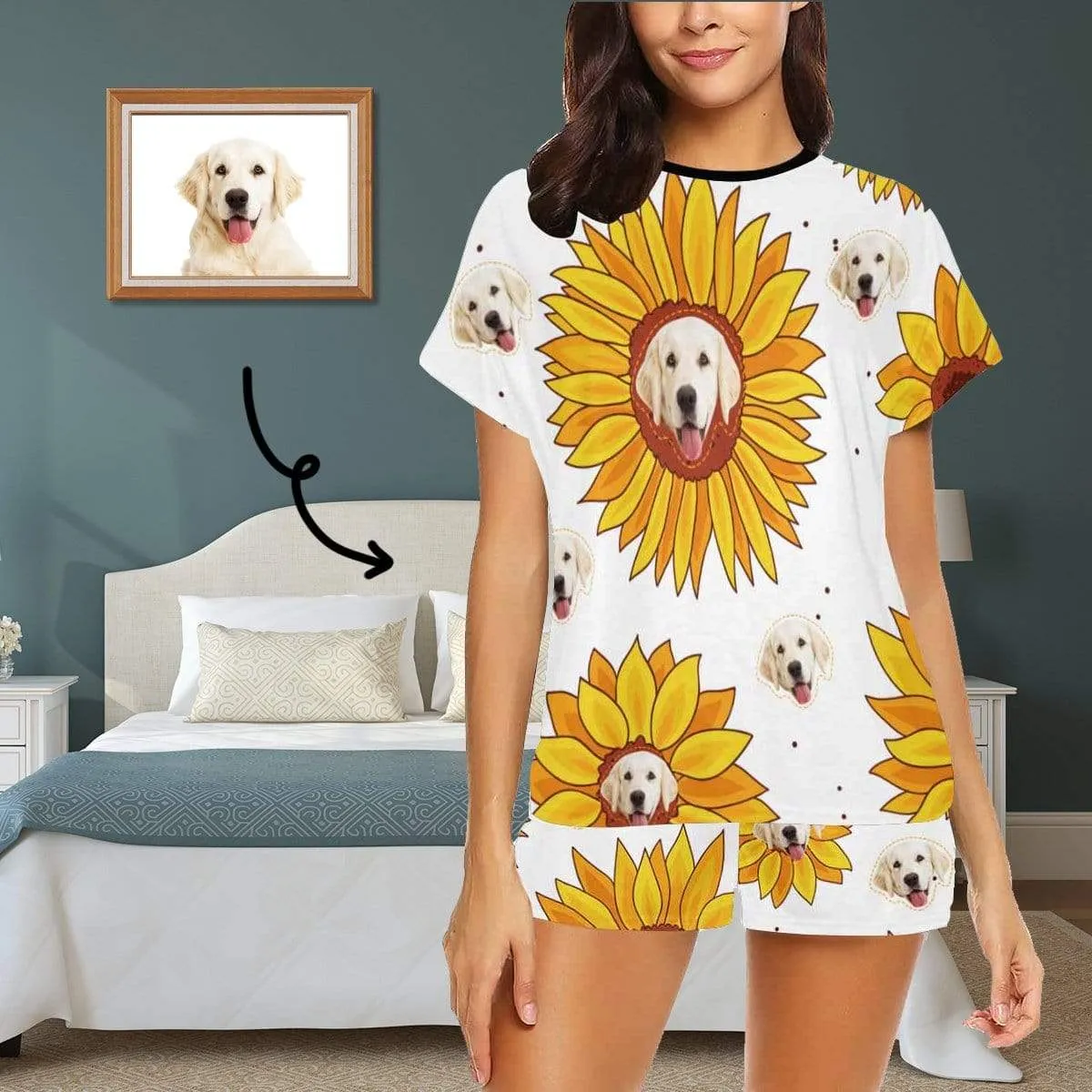 Custom Womens Short Pajamas Yellow Sunflower Loungewear Face Personalized Women's Short Pajama Set