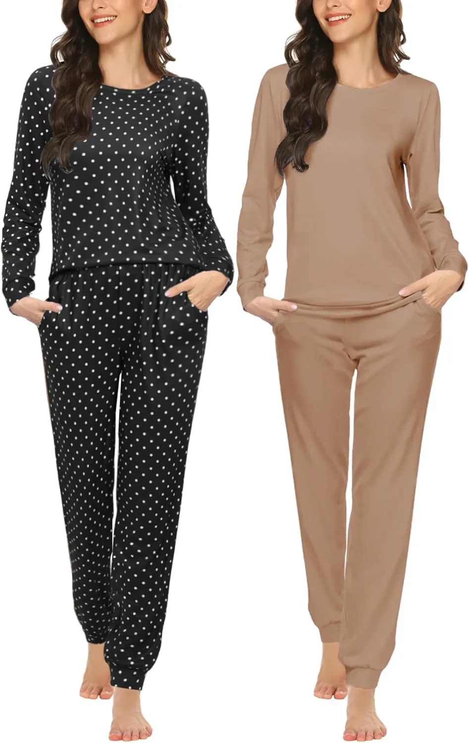 Ekouaer 2 Pack Women's Pajama Set Long Sleeve Top With Jogger Pants Lounge Sets Sleepwear Loungewear with Pockets