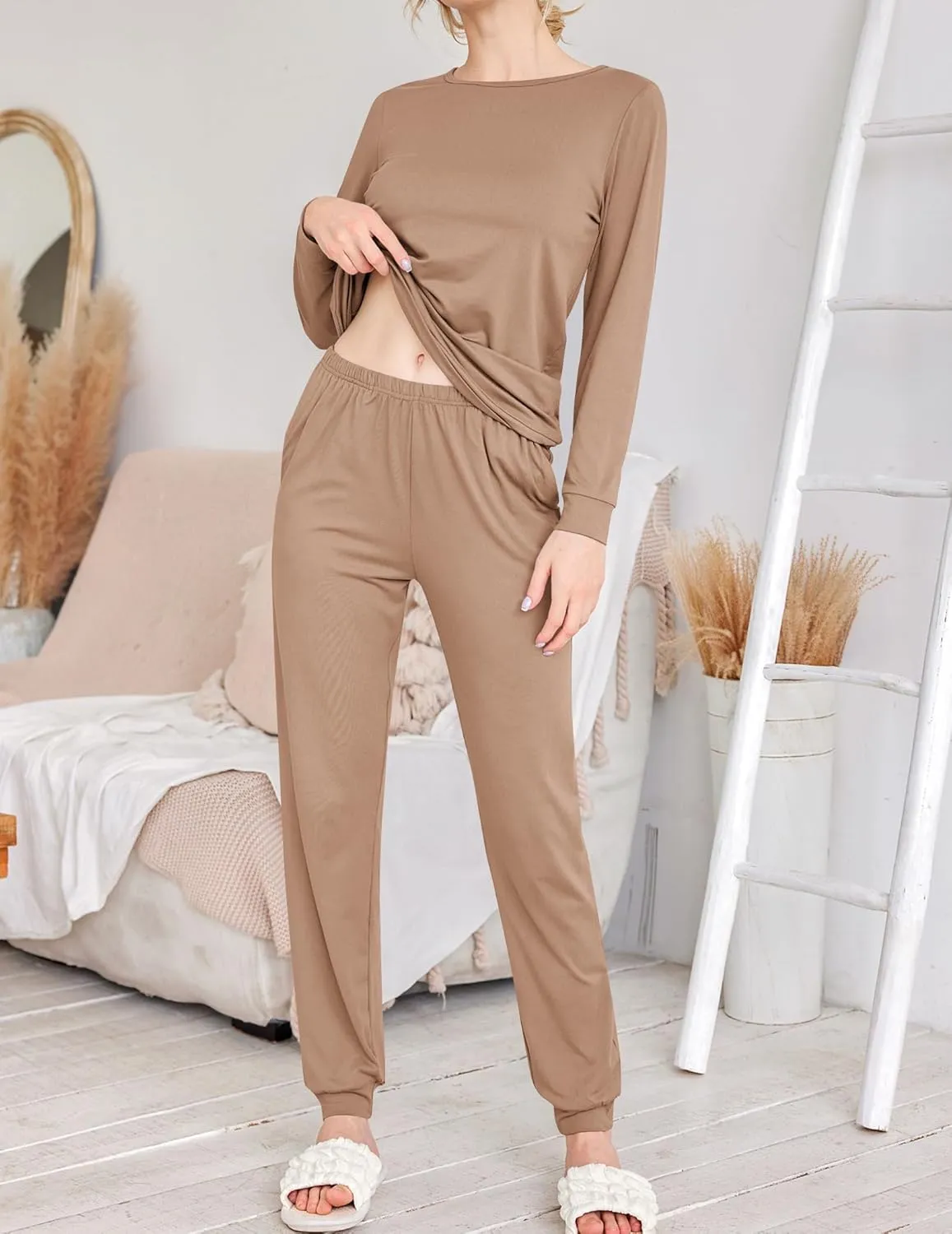 Ekouaer 2 Pack Women's Pajama Set Long Sleeve Top With Jogger Pants Lounge Sets Sleepwear Loungewear with Pockets