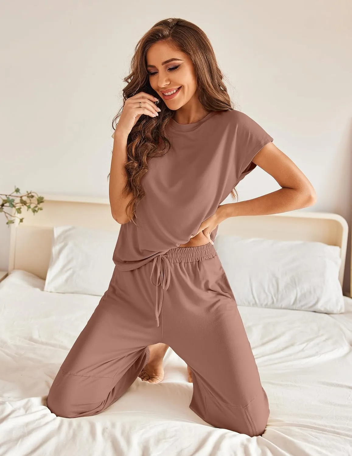 Ekouaer Pajamas for Women 2 Piece Lounge Sets Cap Sleeve Loungewear Top with Joggers Pants S-XXL