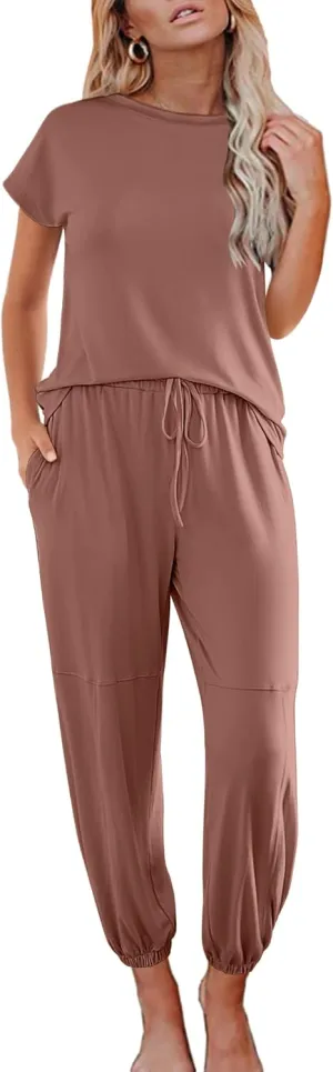 Ekouaer Pajamas for Women 2 Piece Lounge Sets Cap Sleeve Loungewear Top with Joggers Pants S-XXL