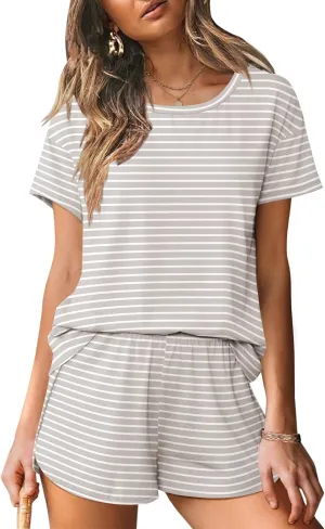 Ekouaer Women 2 Piece Pajama Sets Crew Neck Pjs Soft Short Sleeve Top and Shorts Sleepwear Summer Lounge Set