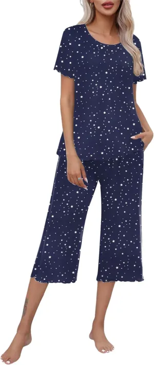 Ekouaer Women's Pajamas Set Short Sleeve Top With Capri Pants Pjs Lounge & Sleepwear Set S-XXL