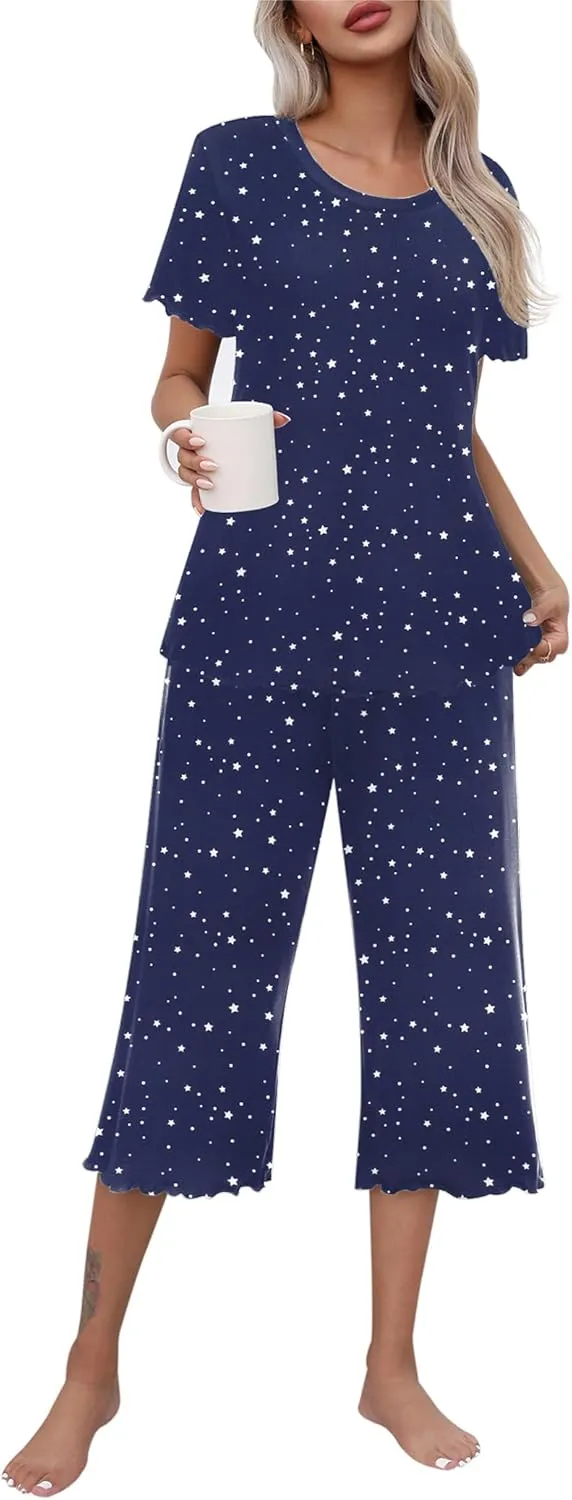 Ekouaer Women's Pajamas Set Short Sleeve Top With Capri Pants Pjs Lounge & Sleepwear Set S-XXL