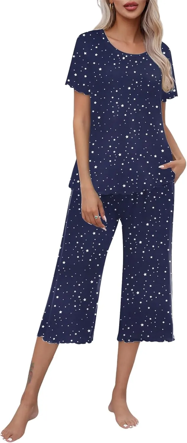 Ekouaer Women's Pajamas Set Short Sleeve Top With Capri Pants Pjs Lounge & Sleepwear Set S-XXL