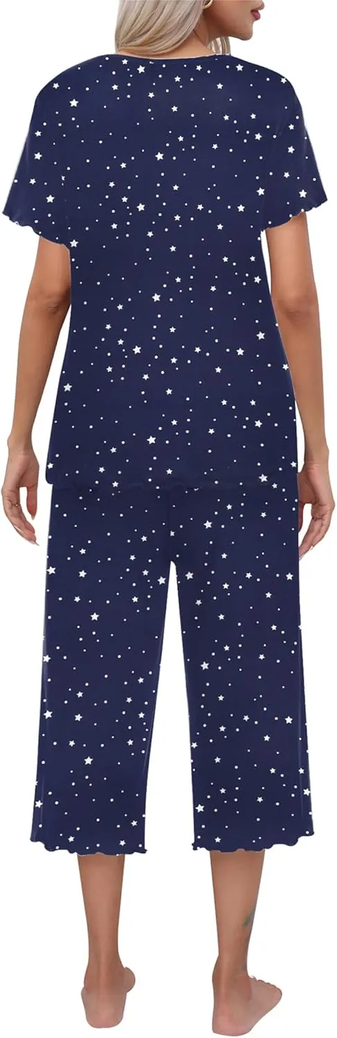 Ekouaer Women's Pajamas Set Short Sleeve Top With Capri Pants Pjs Lounge & Sleepwear Set S-XXL