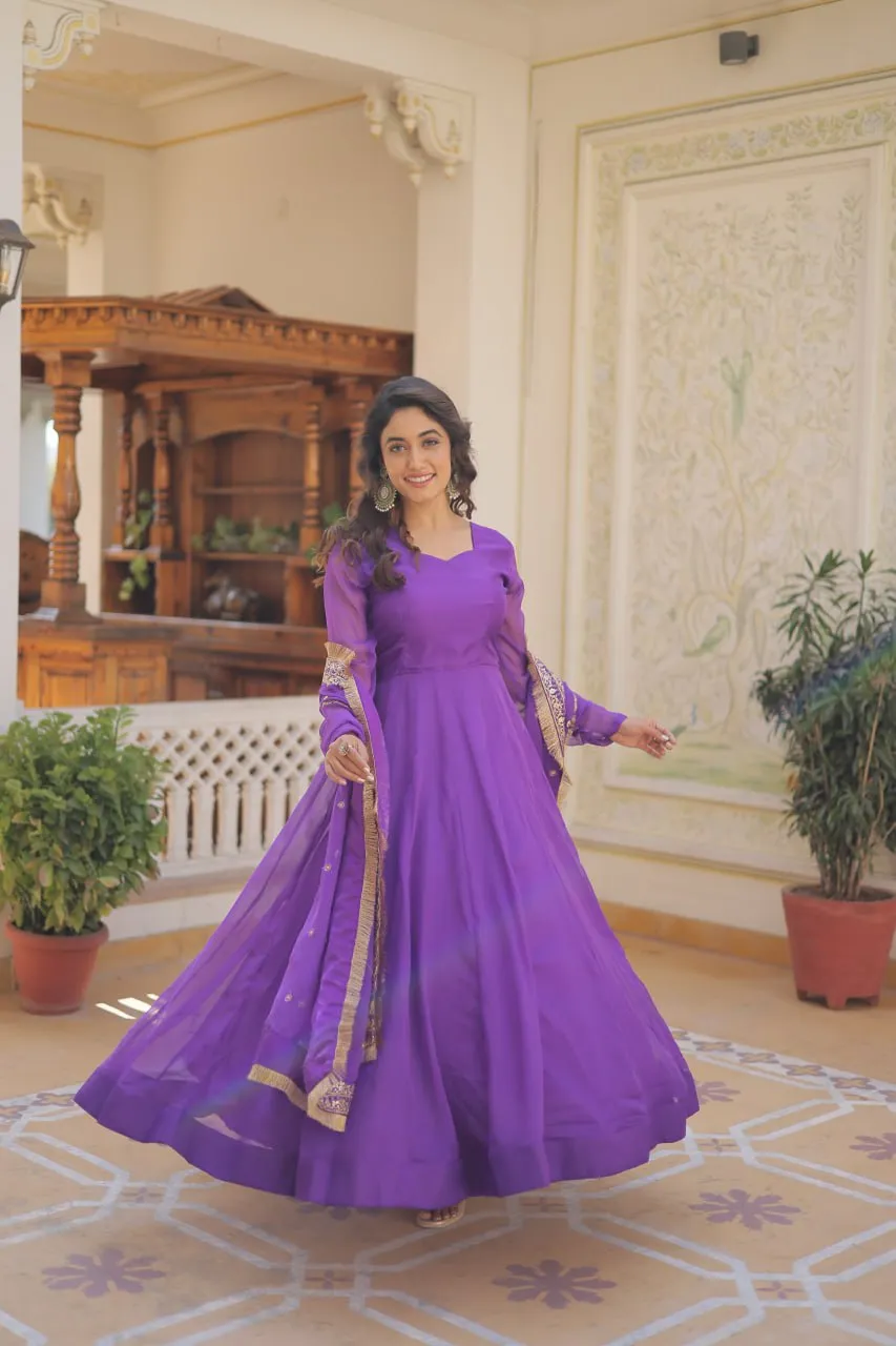 Enchanting Purple Russian Silk Gown-Dupatta Set with Exquisite Sequined Embroidery and Lace Border