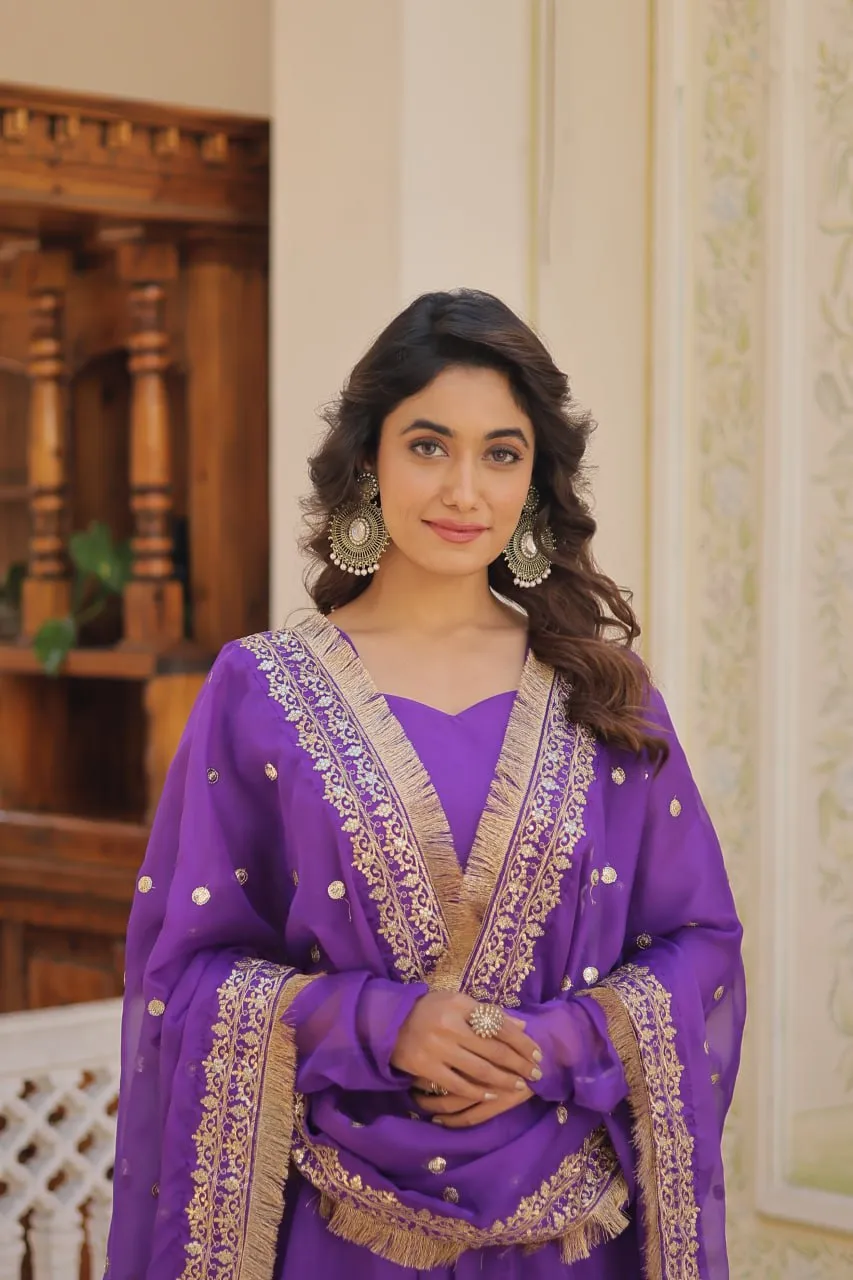 Enchanting Purple Russian Silk Gown-Dupatta Set with Exquisite Sequined Embroidery and Lace Border
