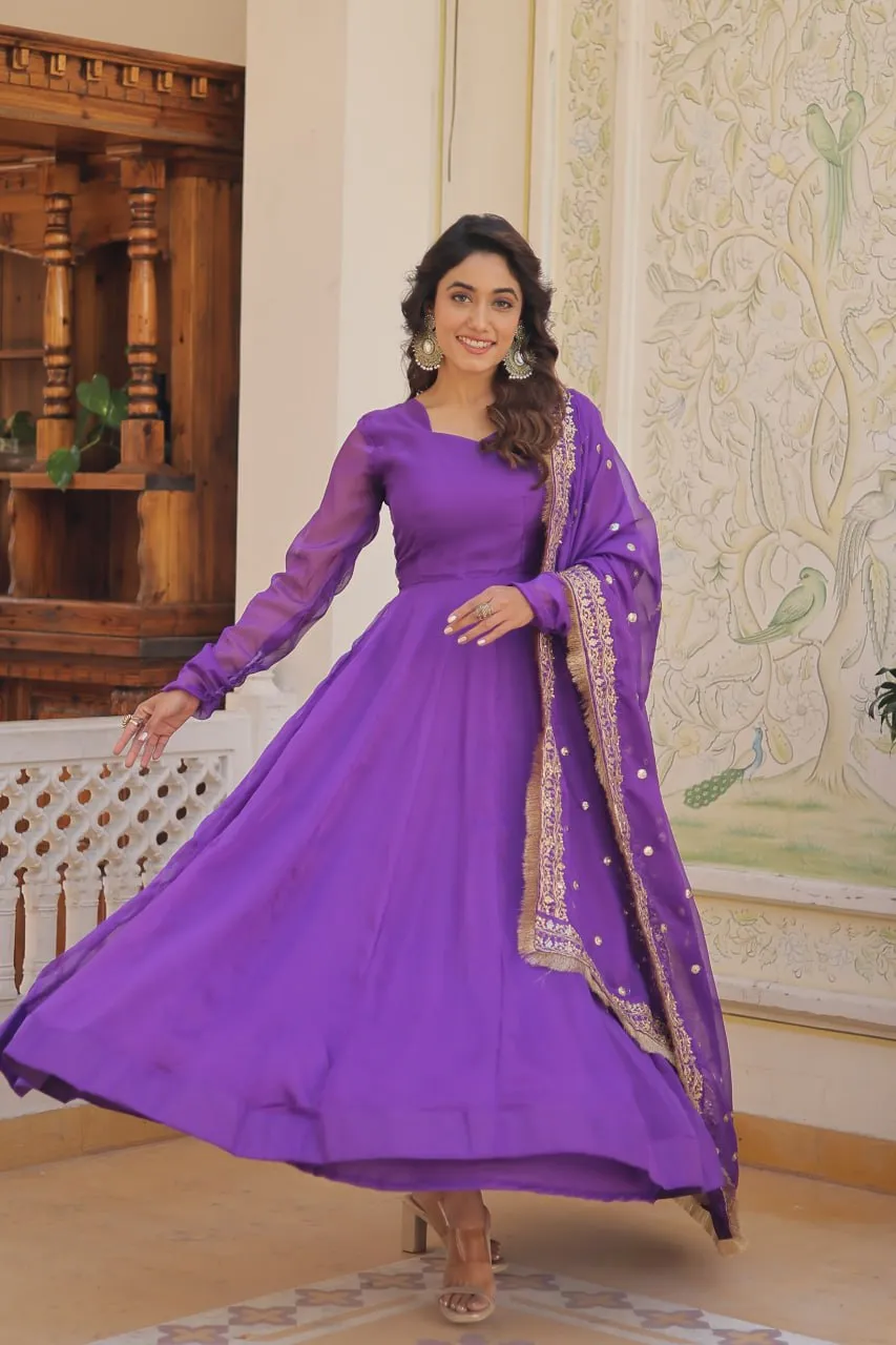 Enchanting Purple Russian Silk Gown-Dupatta Set with Exquisite Sequined Embroidery and Lace Border