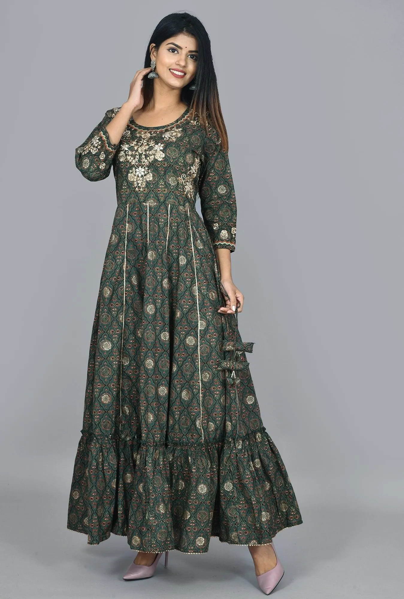 Green Printed Ethnic Gowns