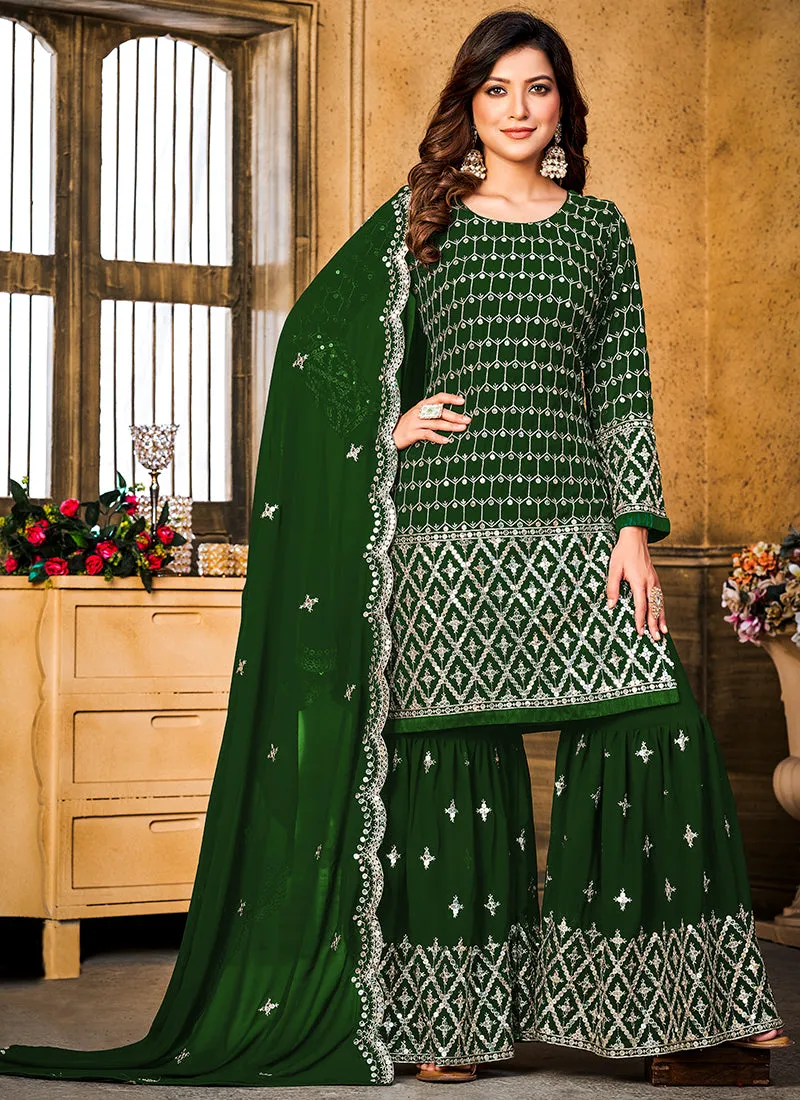 Green Sequence Embroidery Wedding Gharara Style Suit