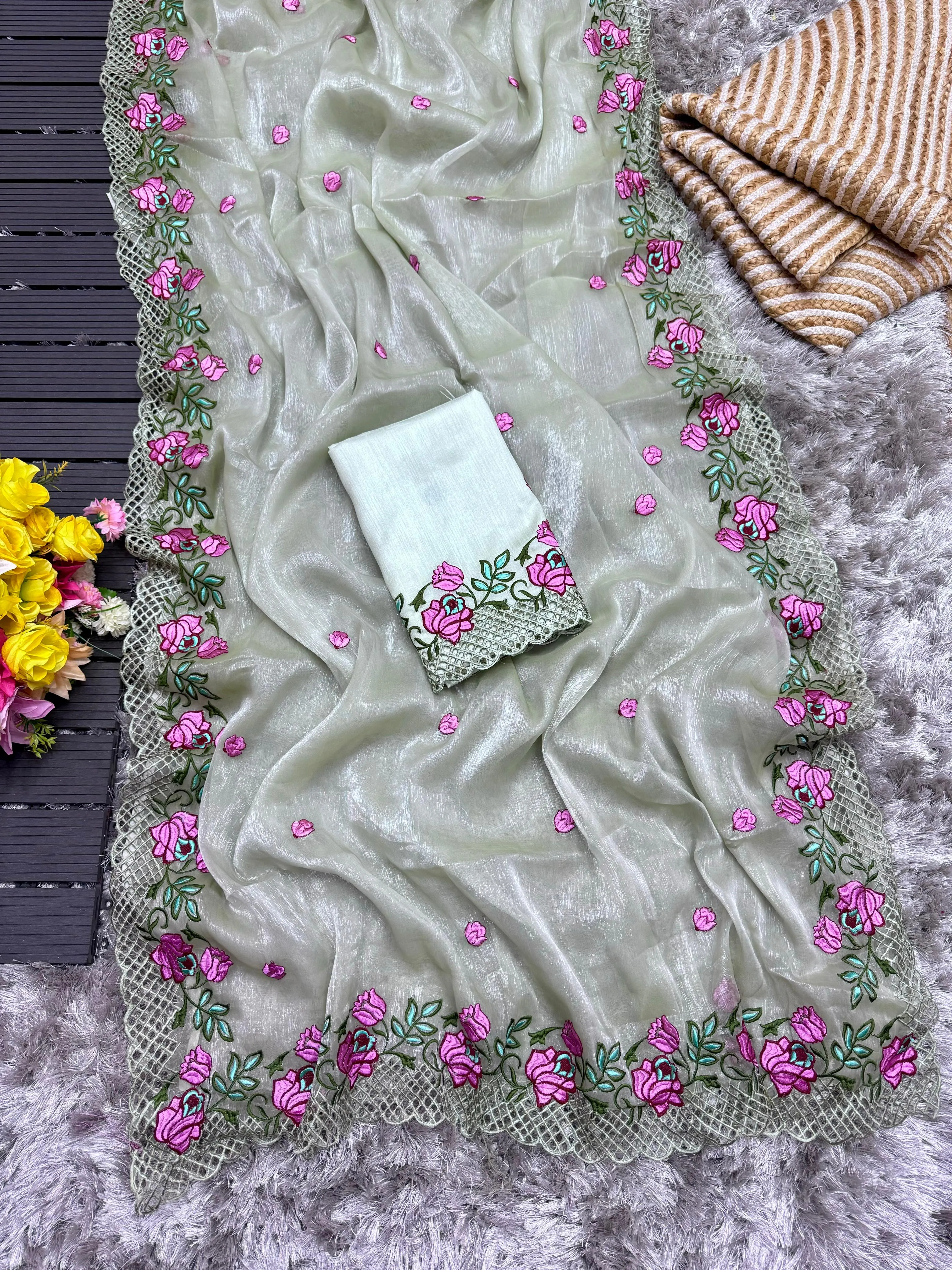 Grey Crush Silk Saree with Intricate Floral Embroidery & Matching Blouse