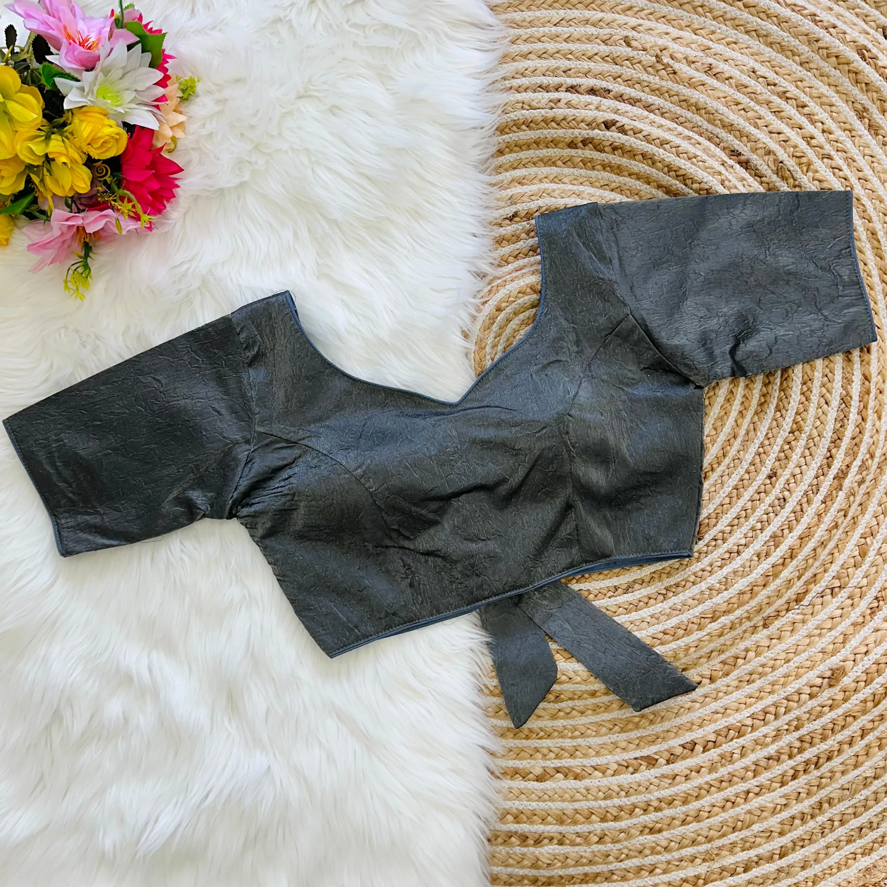 Grey Jio Silk Stylish Pure Metallic Blouse with Beautiful Back Pattern