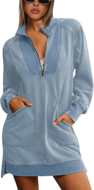 Half Zip Sweatshirt Dress for Women Casual Long Sleeve Mini Dresses V Neck Pullover Tunic Top with Pockets