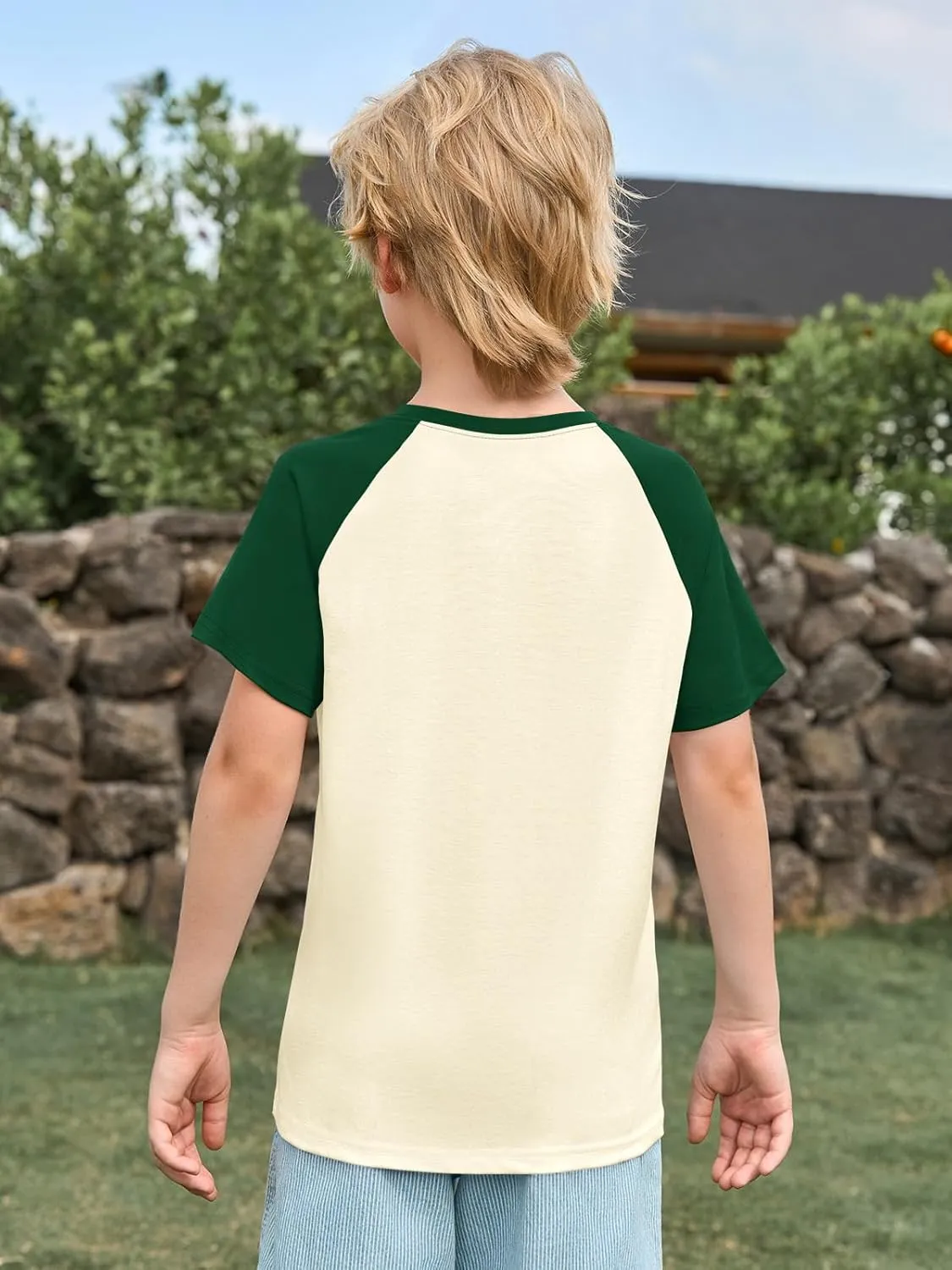 Haloumoning Boys Short Sleeve Raglan T Shirts Kids Basic Color-Block Tops Crewneck Tees 5-14 Years