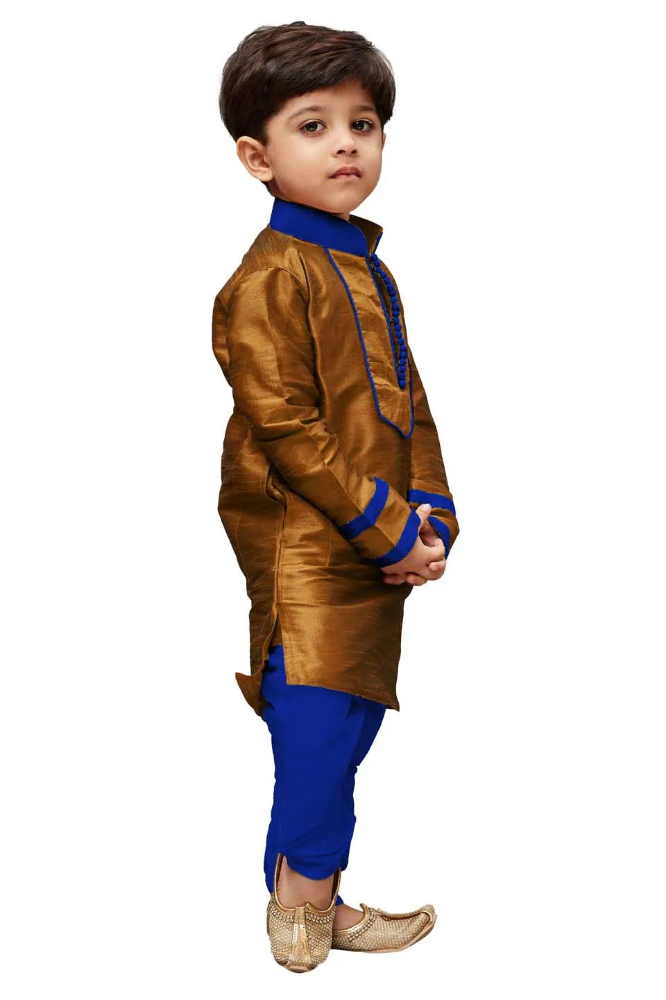 Jashvi Boys' Brown Cotton Silk Kurta and Pyjama Set