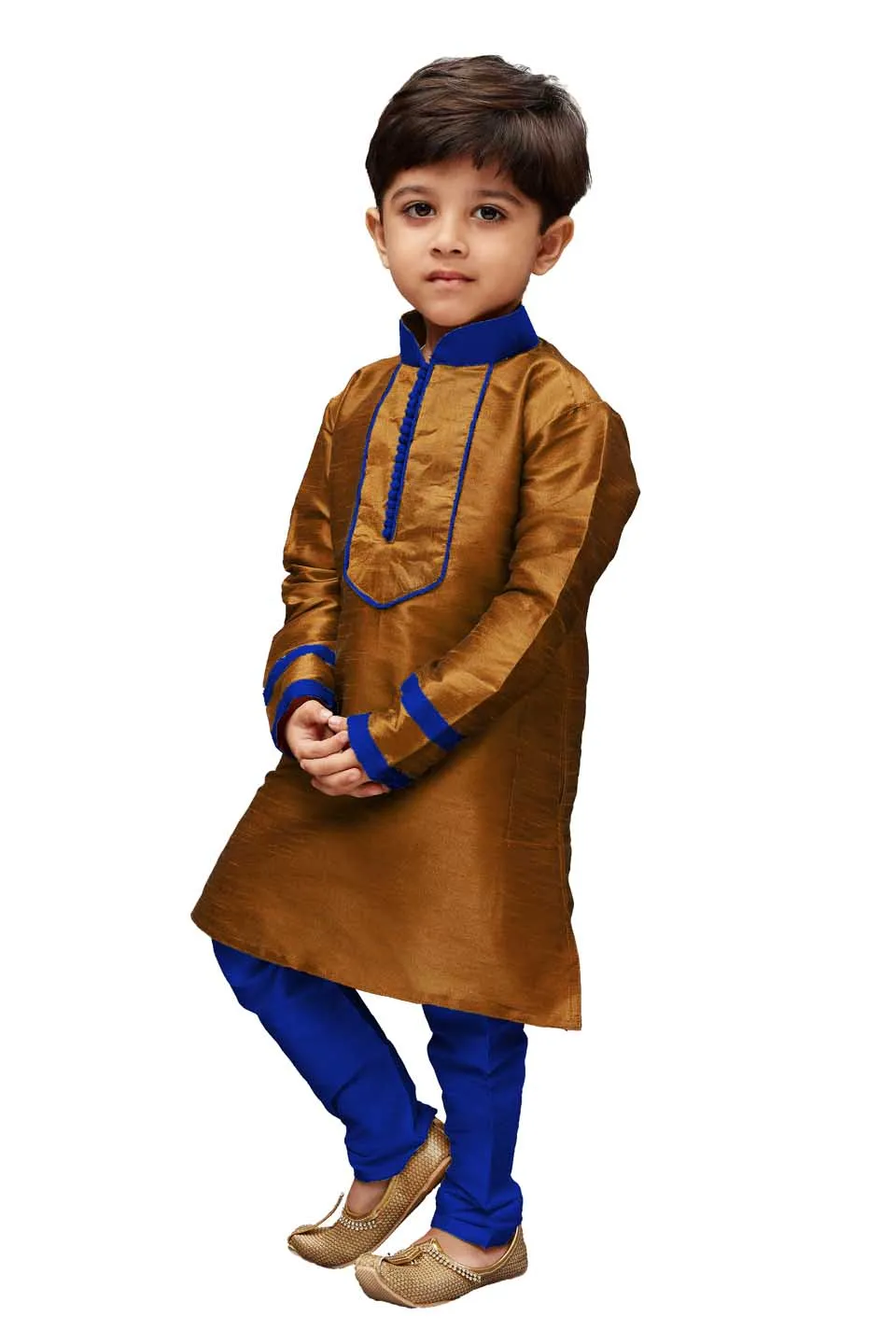 Jashvi Boys' Brown Cotton Silk Kurta and Pyjama Set