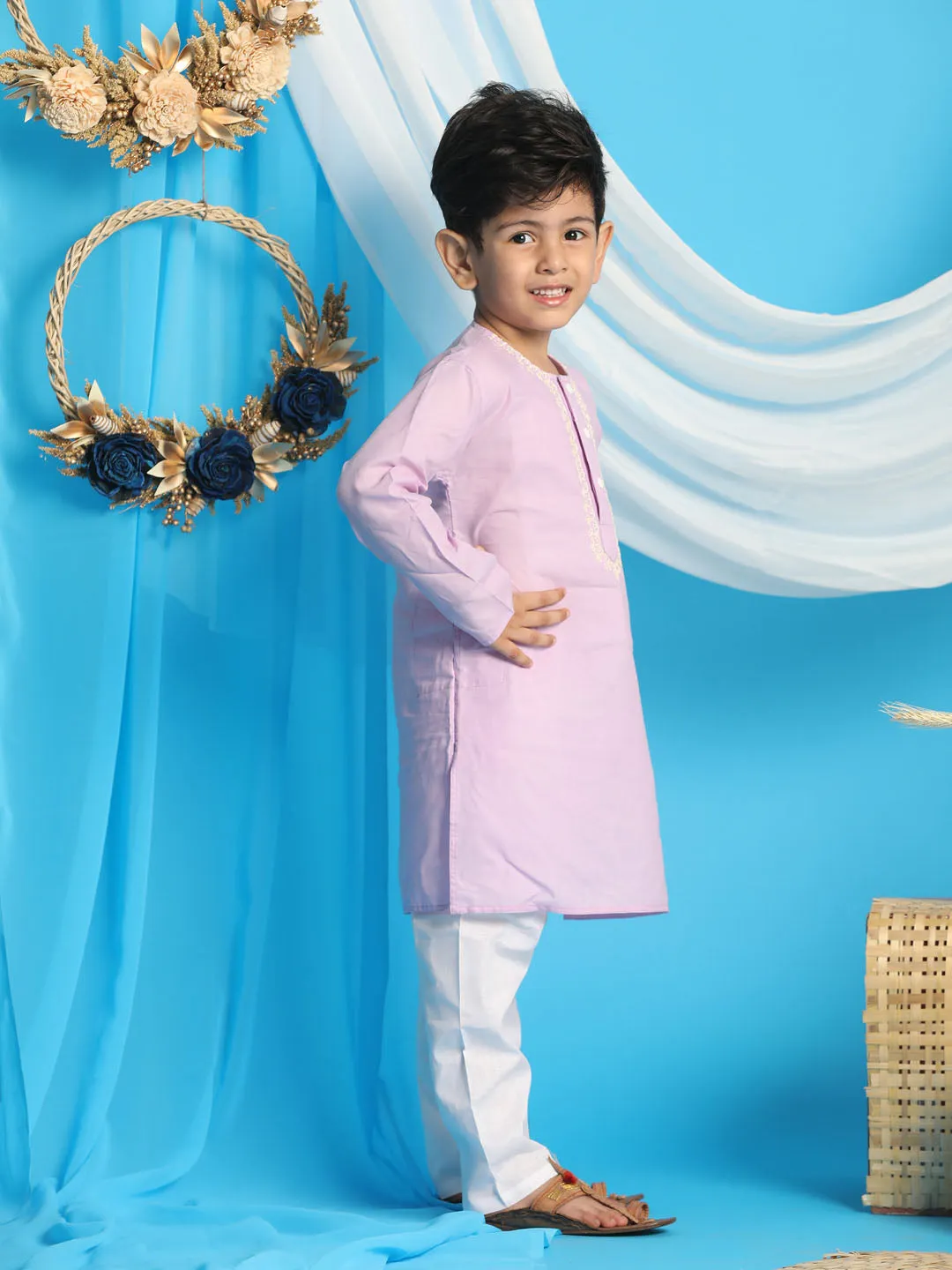 Jashvi Boys' Purple Kurta And White Pyjama Set