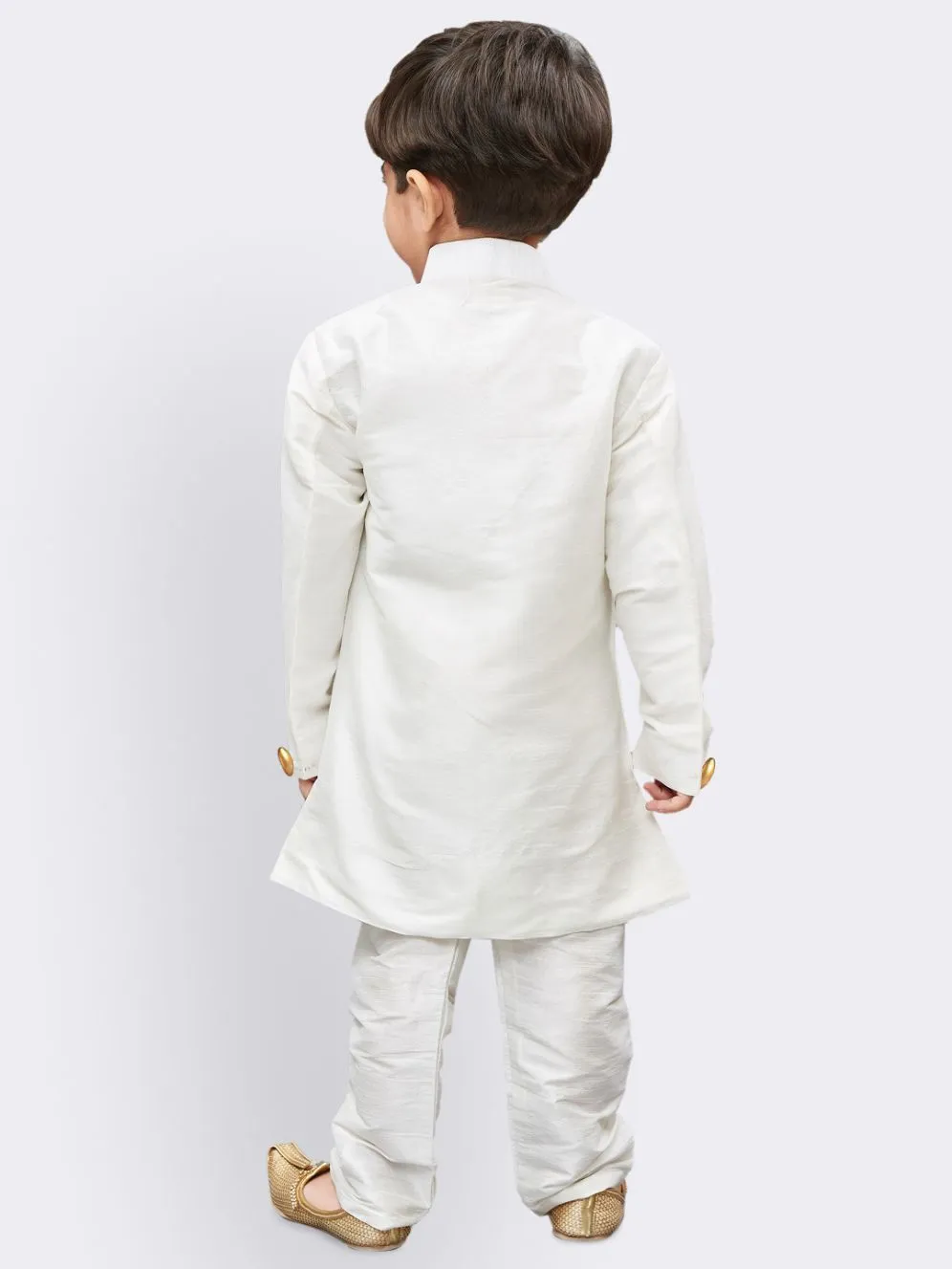 Jashvi Boys' White Silk Blend Kurta And Pyjama Set