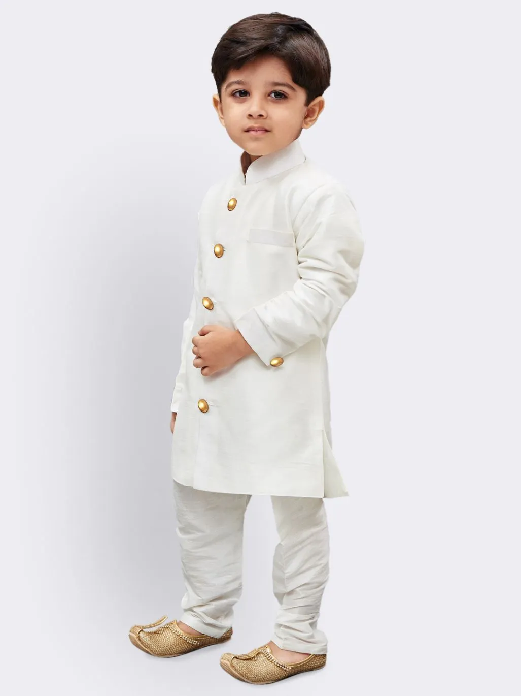 Jashvi Boys' White Silk Blend Kurta And Pyjama Set