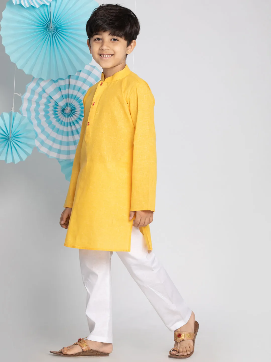 Jashvi Boys' Yellow And White Kurta Pyjama Set