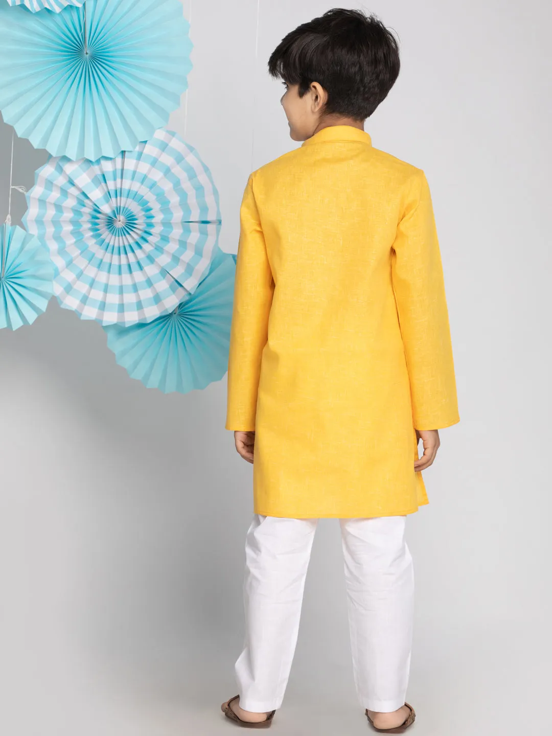 Jashvi Boys' Yellow And White Kurta Pyjama Set