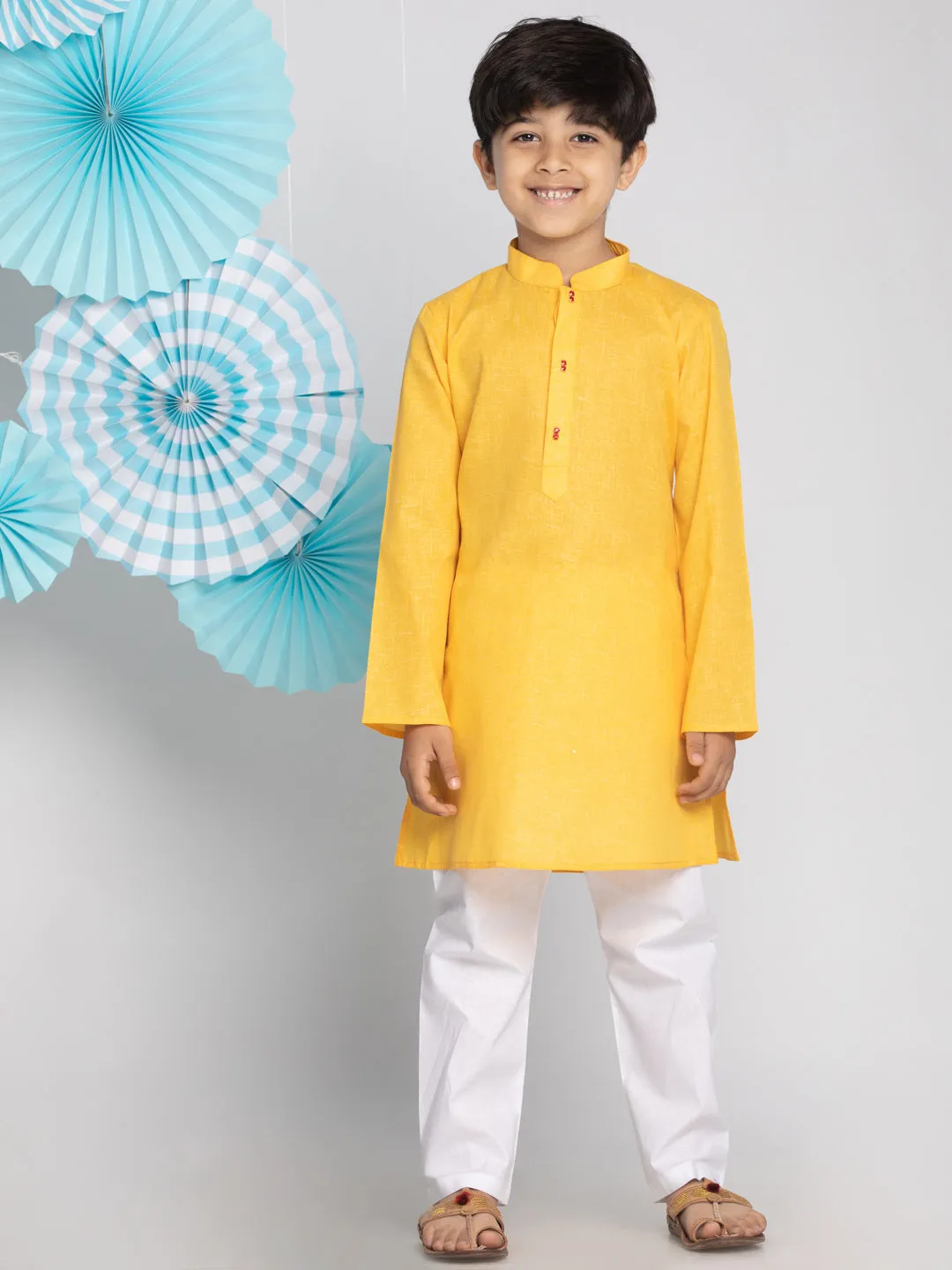 Jashvi Boys' Yellow And White Kurta Pyjama Set
