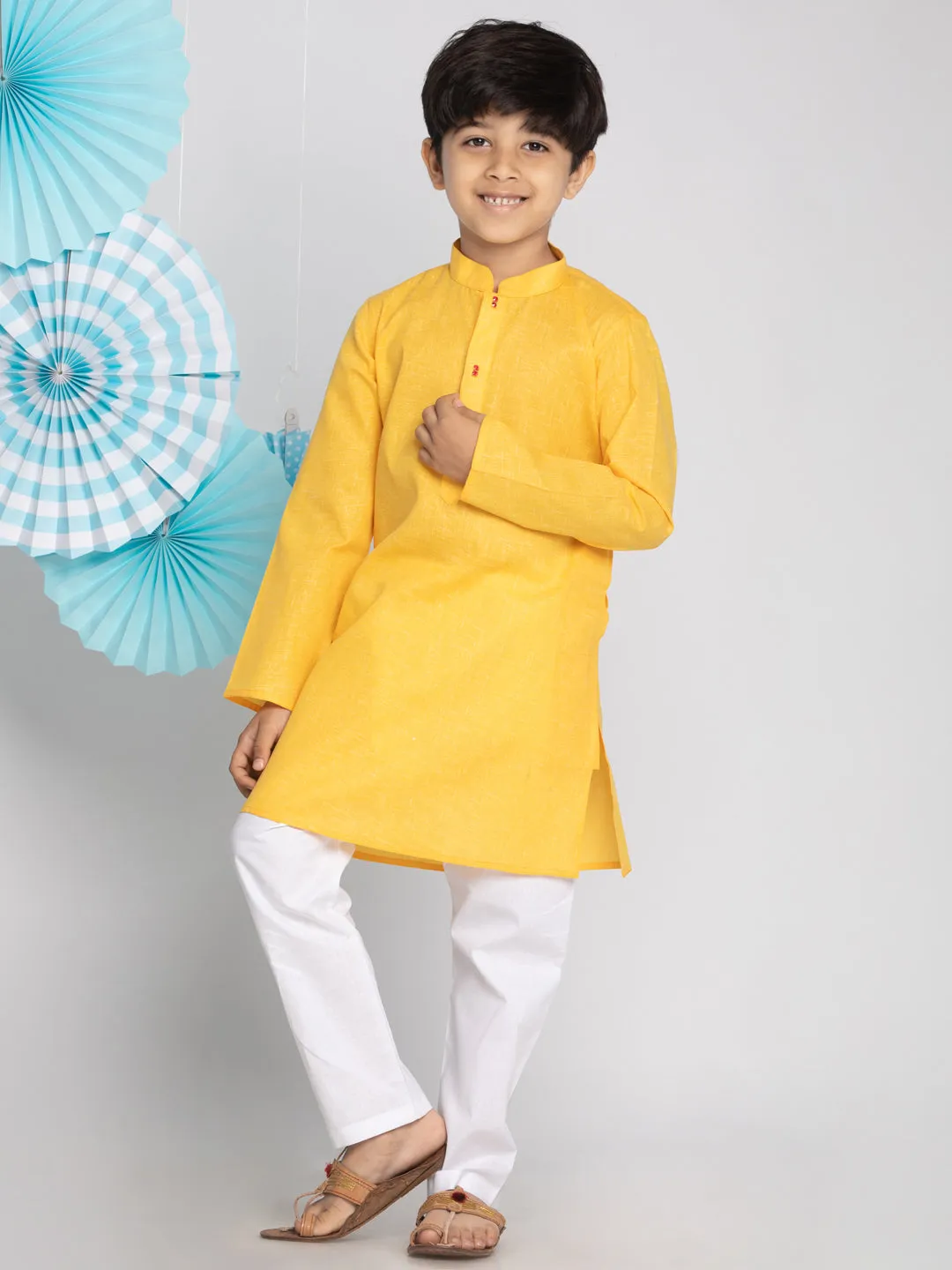 Jashvi Boys' Yellow And White Kurta Pyjama Set