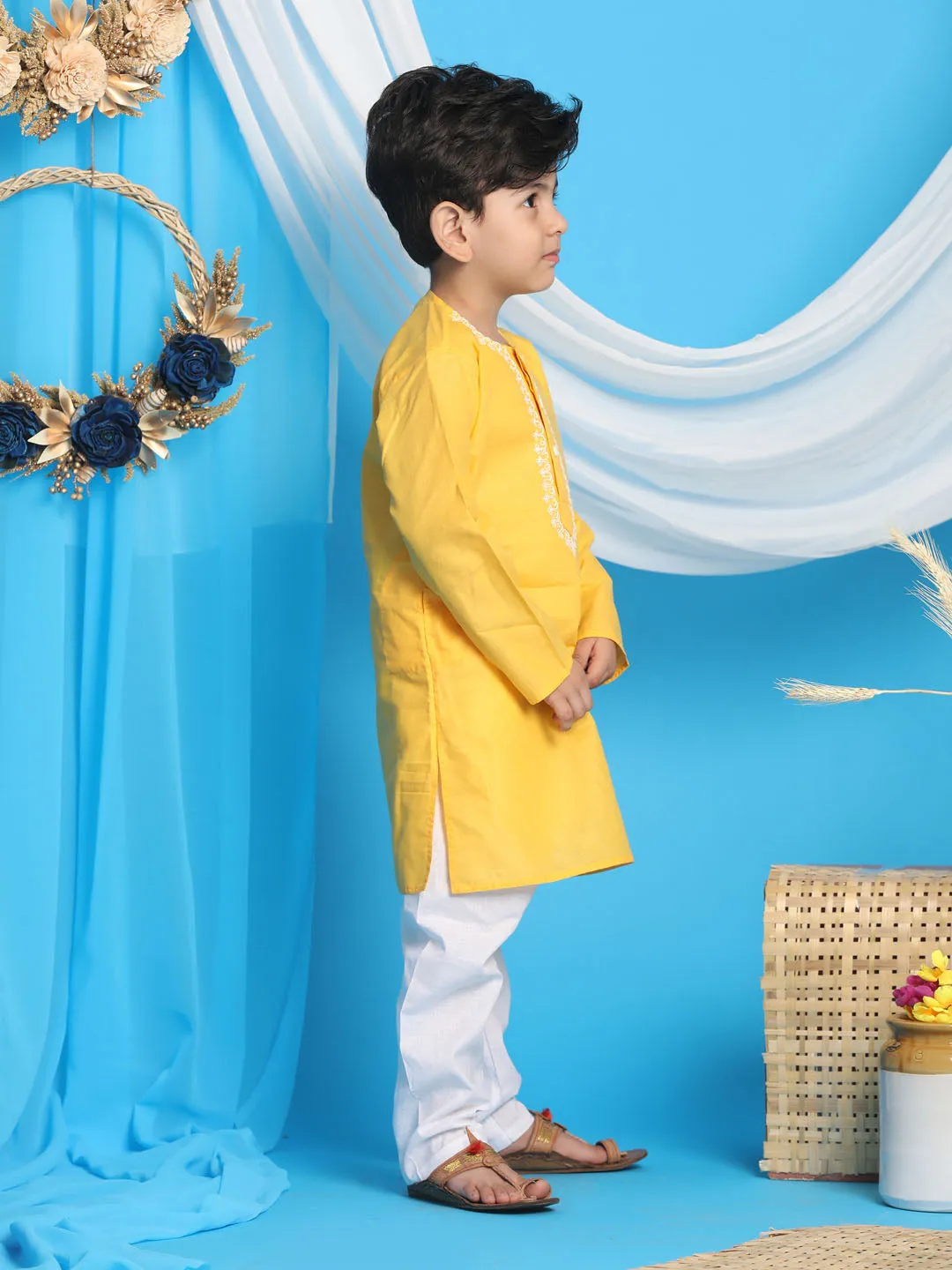Jashvi Boys' Yellow Kurta And White Pyjama Set