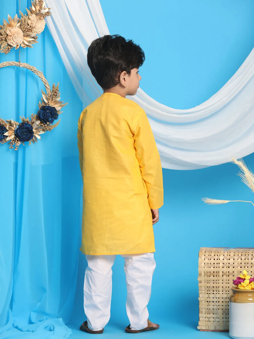 Jashvi Boys' Yellow Kurta And White Pyjama Set