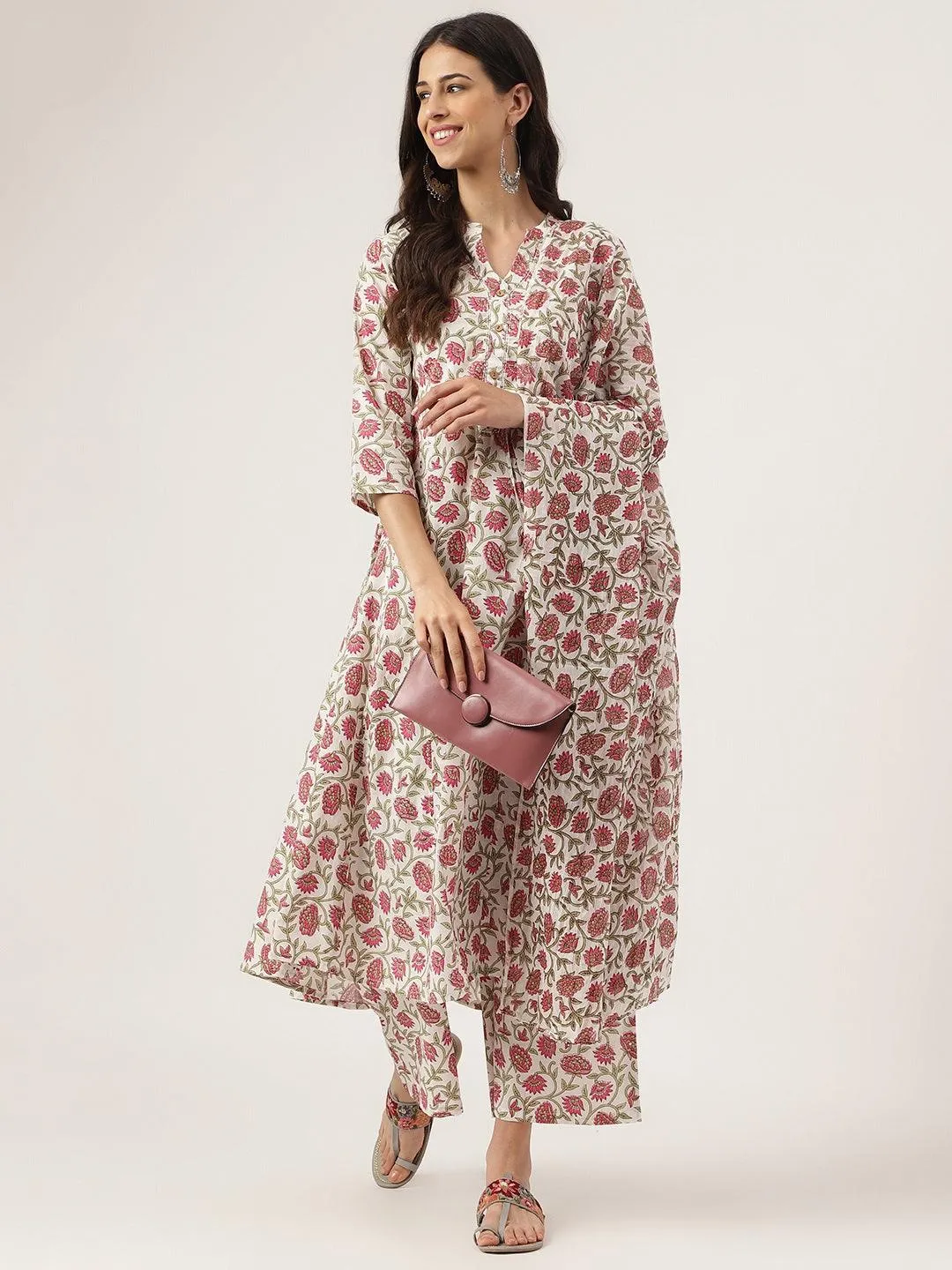 Jashvi White Floral Printed Anarkali Kurta Palazoo Sets