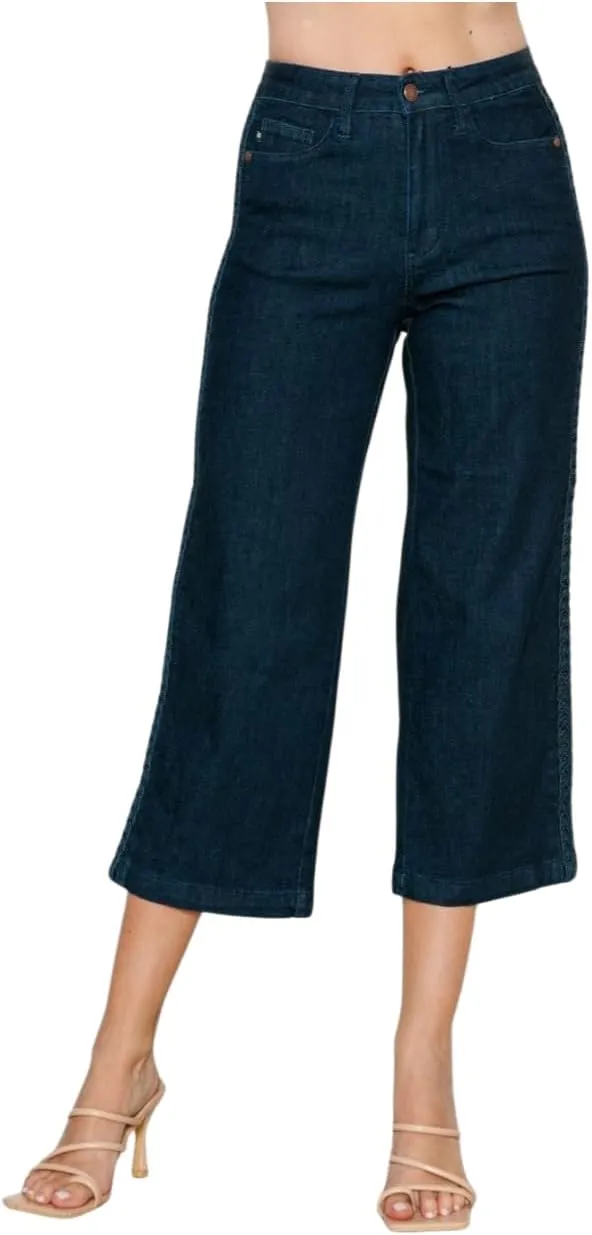 Judy Blue Side Seam Braid Detail Crop Wide Leg Jeans