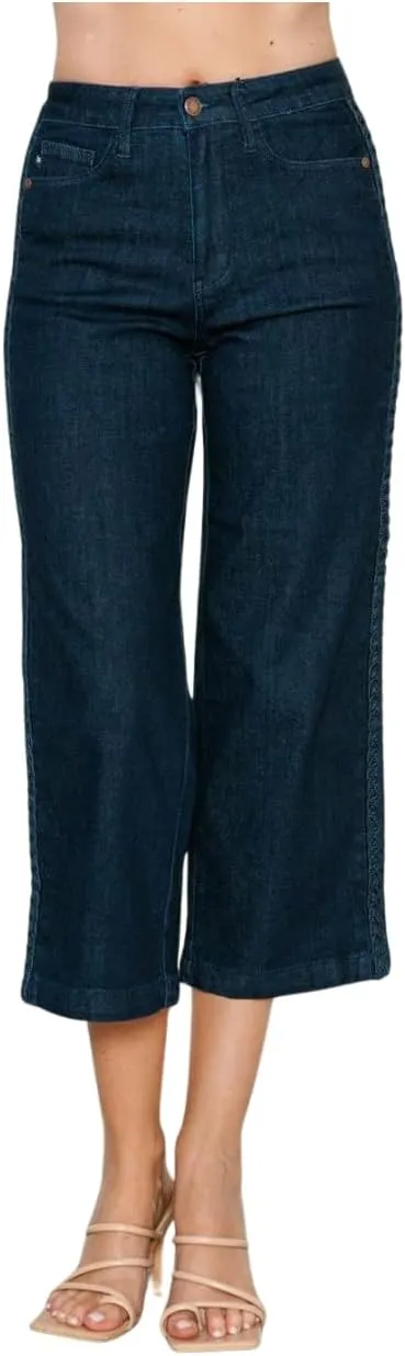 Judy Blue Side Seam Braid Detail Crop Wide Leg Jeans