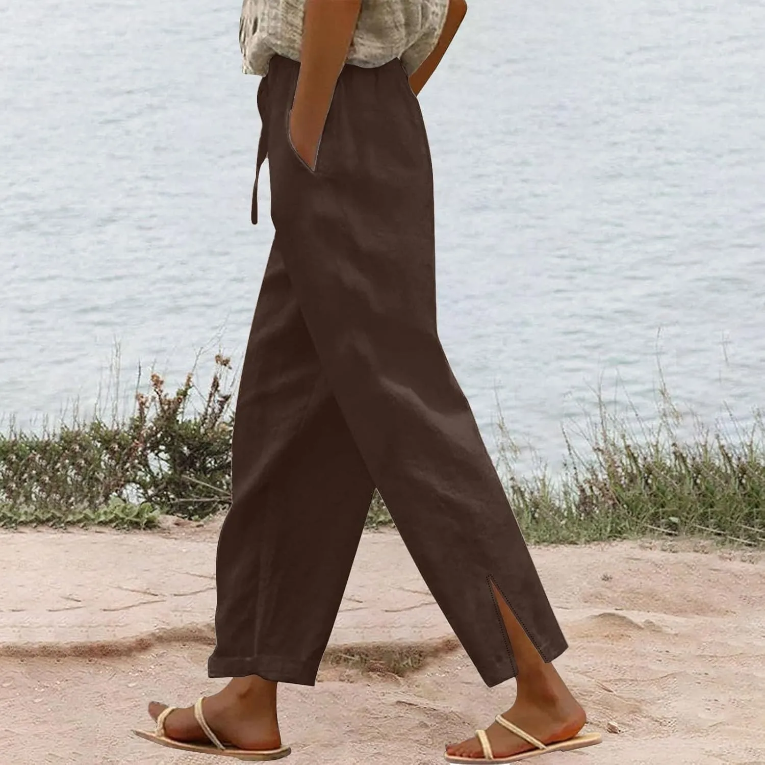 Liene Pants for Women,Wwomens Casual Summer 2025 Drawstring Elastic High Waist Pant Comfy Solid Color Trouser