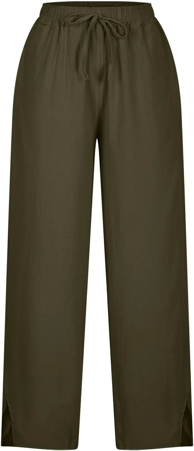 Liene Pants for Women,Wwomens Casual Summer 2025 Drawstring Elastic High Waist Pant Comfy Solid Color Trouser