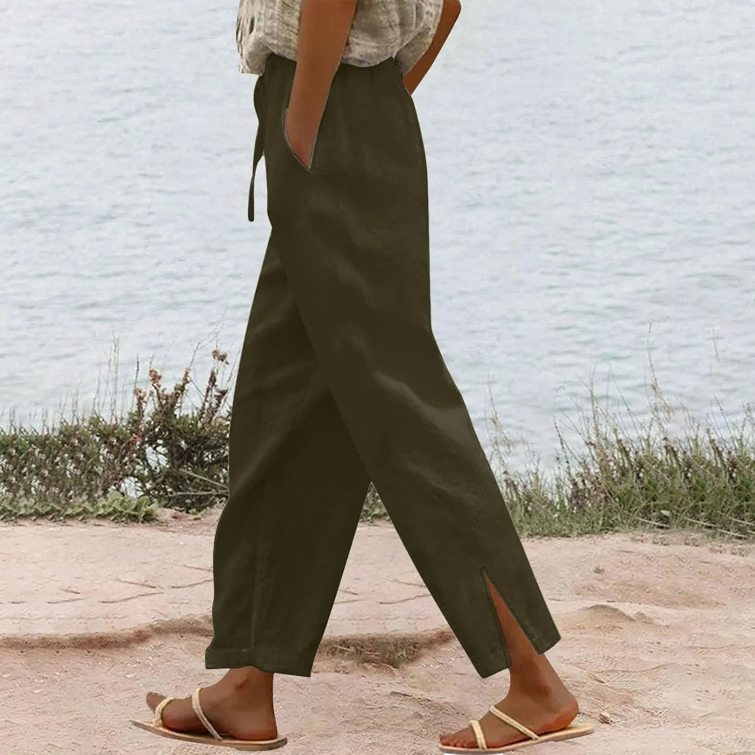 Liene Pants for Women,Wwomens Casual Summer 2025 Drawstring Elastic High Waist Pant Comfy Solid Color Trouser