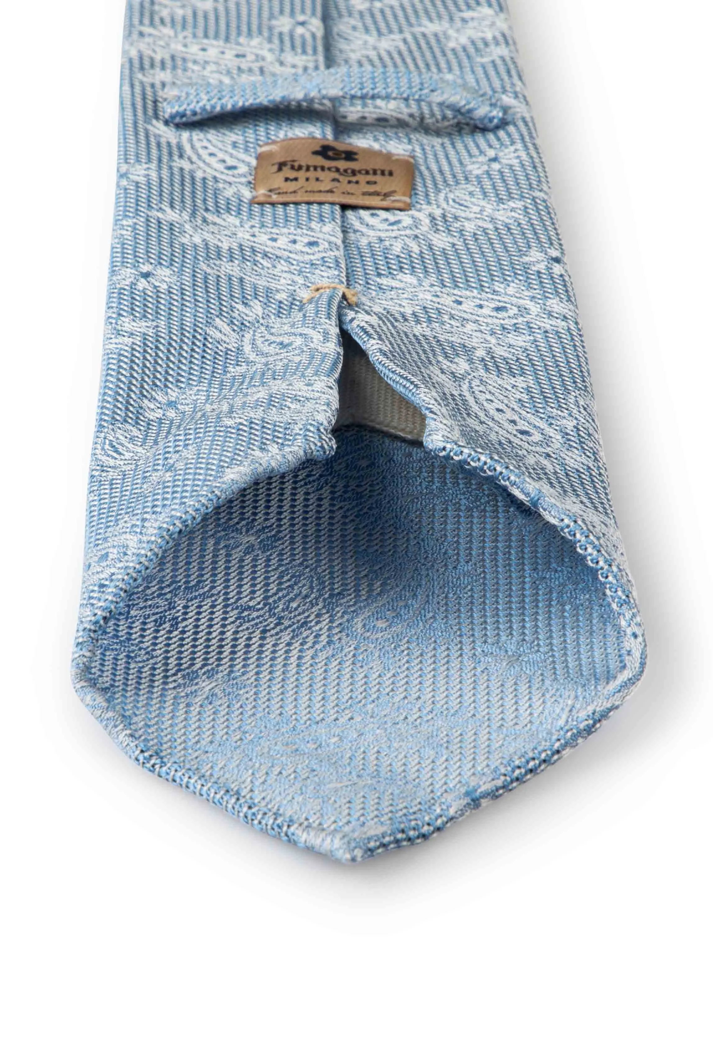 Light blue paisley patterned Garza fina grenadine silk hand made unlined tie