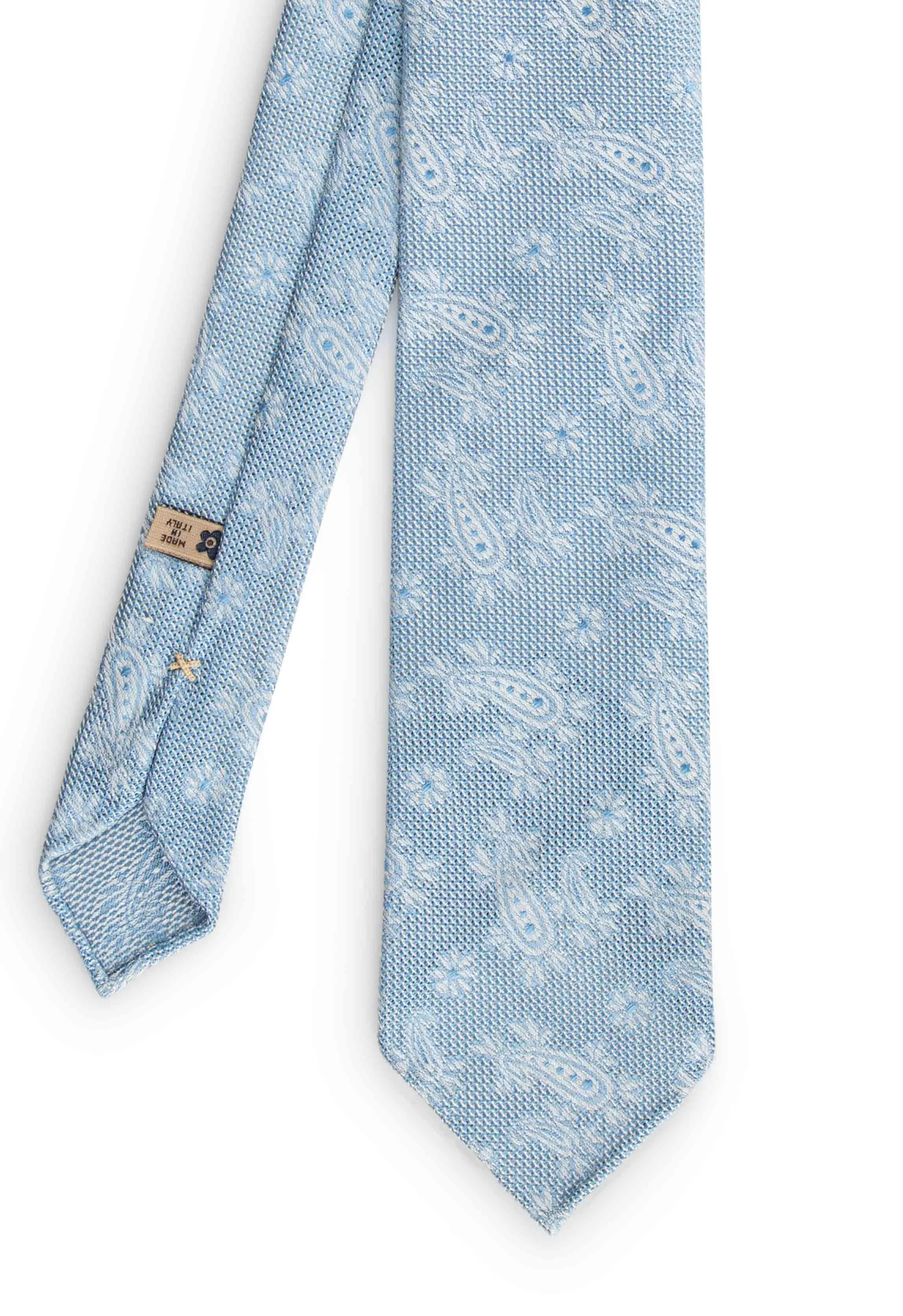 Light blue paisley patterned Garza fina grenadine silk hand made unlined tie