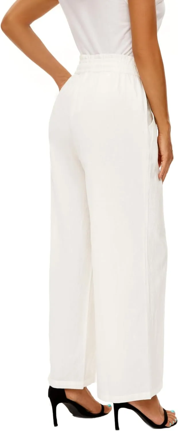 LNX Linen Pants for Women High Waisted Wide Leg Drawstring Casual Loose Pants with Pockets